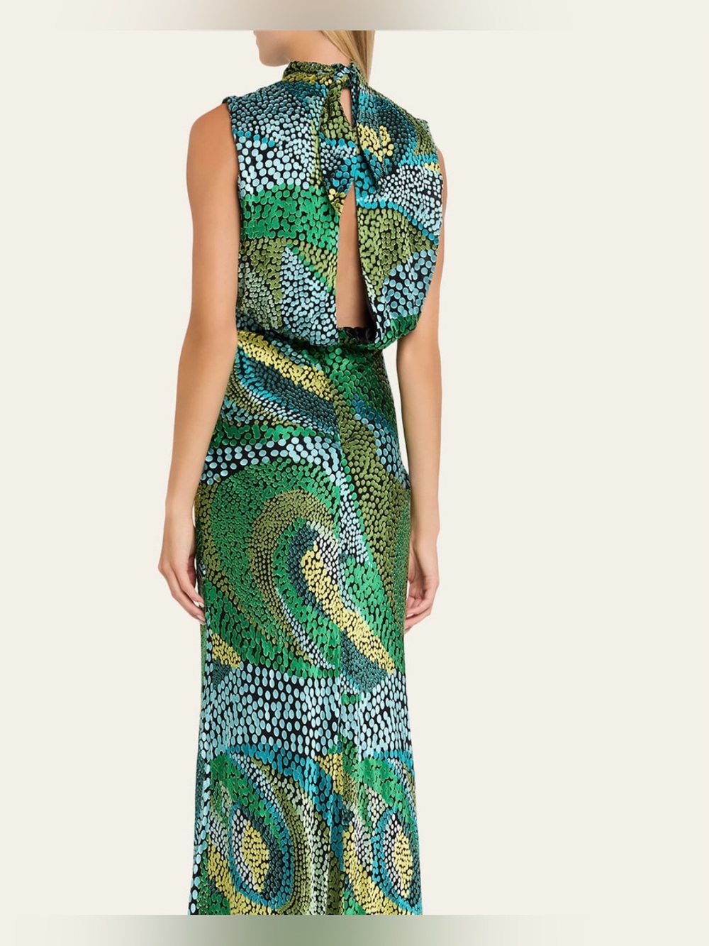 SALONI Silk Blend Mock Neck Sleeveless Maxi Dress Blue Green Abstract Print SZ6 - Picture 3 of 9